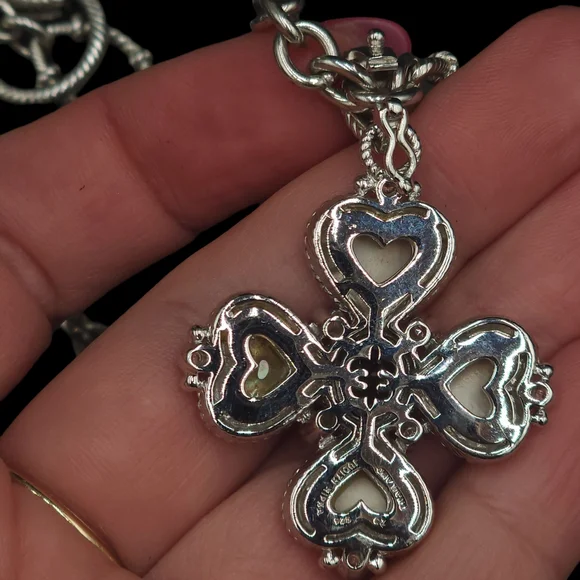 Judith Ripka 925 SS Pink Quartz Smokey Quartz CZ Maltese Cross Pendant/ Necklace - Picture 6 of 10